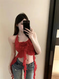 YESMYTOOL  -  Women's Summer Fashion Black Red Sexy Ruffle Edge Short Halter Lace-up Tops Brown Leopard 3d Flower Elegant Backless Vest French