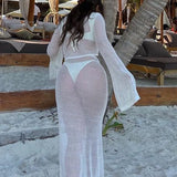 YESMYTOOL  -  Knitted Beach Two Piece Set for Women 2024 Summer Hollow Out Long Sleeve Short Tops Sexy Strap Long Skirt Vacation Outfits