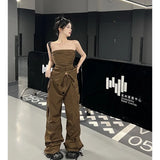 YESMYTOOL  - Women Brown Casual Pants Vest Sleeveless Vintage Fashion Straight American Wide Leg Pants Female 2024 Summer Solid Trouser