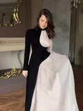 YESMYTOOL  -  Fashion Patchwork Pleated Long Sleeve Dress Women Fashion Half High Collar Evening Dresses 2024 Autumn New Lady Party Long Robes