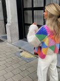 YESMYTOOL  -  Sleeve Patchwork Female Sweaters 2024 Elegant Casual Lady Top Hollow Out Colorful Kint Cardigan Women Sweater Autumn Long Puff