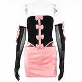 YESMYTOOL  -  Sexy Strapless Bows Trim Women Two Piece Sets Black Gloves Corset Tops Pink Skirts Female Summer Skinny Party Clubwear