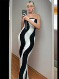 YESMYTOOL  - Fashion Vintage Knitted Sexy Strapless Maxi Dresses Club Party Outfits Chic Striped Sweater Dress Vestido Holiday