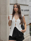 YESMYTOOL  - Solid Hollow Out Tank Tops Women Sexy Fashion V-neck Sleeveless Elegant Knitted Vest 2024 Summer New Casual Fashion Camis Femme