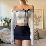 YESMYTOOL  -   Fashion Chic Bow Skinny Crop Tops Off Shoulder Ruched Streetwear Bow Frills Party Women's T-shirts Spring Korean Cute