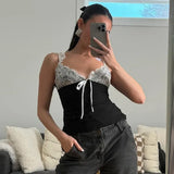 YESMYTOOL  -  V-neck Lace Suspender Top 2024 Summer Sexy Stitching Contrasting Color Vest Top Women's Hot Girl Fashion T-shirt Pullover