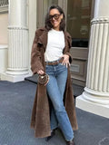 YESMYTOOL  -  Female Retro Jacket Elegant Brown Belted Waist Long Coat Double Breasted High Street Autumn Fashion Full Sleeve Outwear