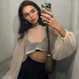 YESMYTOOL  -  Solid Loose Mool Hollow Out Thin Top Women's Round Neck Lantern Long Sleeve Sexy Exposed Navel Transparent Sweater