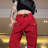 YESMYTOOL  - American Vintage Red Cargo Pants Fashion Many Pocket Straight Mopping Pants High Street Y2K Baggy Wide Leg Trouser Ladies Spring