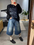 YESMYTOOL  -   Jean Shorts for Women Harajuku Fashion Loose Do Old Wide Leg Calf-Length Denim Pants Hip Hop Retro Summer Causal Bottoms