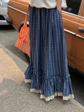 YESMYTOOL  - 2024 New Fashion Hobo Lace Stripe Floral Print A-line Long Skirts Blue Retro Elastic Waist Holiday Beach Women Summer Skirts