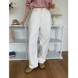 YESMYTOOL  -  2024 New Korean Casual White Jeans Kawaii Pink Bow Embroidery Denim Pants Button Wide Leg Trouser Chic Straight Pant For Women