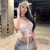 YESMYTOOL  -  European and American hot girl ballet style pink ribbon cross bow tube top tight navel-baring short top