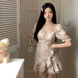 YESMYTOOL  -  Sweet  Floral Chiffon Dress Women Summer Elegant Princess Sleeves Ruffles Party Mini Dresses Female Korean Chic Slim Vestidos