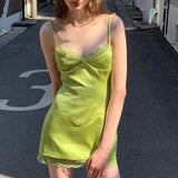 YESMYTOOL  -  2024 Patchwork Lace A Line Mini Dress Summer Fashion Green Dress Spaghetti Strap Night Going Out Party Dresses Women Club Outfit