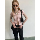 YESMYTOOL  -  Y2k Pink Lace Up Satin Shirts Women Sexy Short Sleeve Gyaru Slim Korean Fashion Blouse Female Aesthetic Coquette Summer