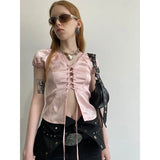 YESMYTOOL  -  Y2k Pink Lace Up Satin Shirts Women Sexy Short Sleeve Gyaru Slim Korean Fashion Blouse Female Aesthetic Coquette Summer