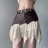 YESMYTOOL  -  In American Retro Short Skirt One Piece Lace Patchwork Leather Half Skirt Women's Low Waisted Personalized Belt Pleated Skirt