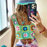 YESMYTOOL  -  Summer Hollow Out Crochet Top Women Cute Cropped Tops Retro Cool Girl Rainbow Short Tee Holiday Top and Tees