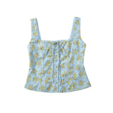 YESMYTOOL  -  Vintage Blue Floral Print Summer Tank Top Women Front Button Bow Square Neck Sleeveless Crop Top