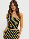 YESMYTOOL  -  Fantoye Sexy Off Shoulder Print Striped Women Tops Brown Backless Lace Up Crop Top Femme 2024 Summer New Elegant Party Beachwear