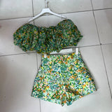 YESMYTOOL  -  Flowers, clouds, bubbles, one-shoulder blouse, tube top+high-waist shorts suit, summer age-reducing pastoral style.