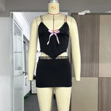 YESMYTOOL  -  Retro Summer Spicy Girl Sexy Sling Top with Lace Lace Edge Wrap Hip High Waist Skirt Black Y2K Party Club Two Piece Set YDL51