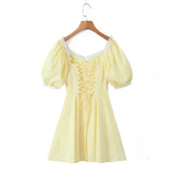 YESMYTOOL  -  Yellow Lace Mini Dress Women Short Puff Sleeve Dresses A Line Square Neck Skirt Ladies Back Strap Beach Patry Clothes Y2k 2000s