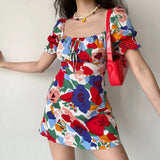 YESMYTOOL   - 2024 Summer Women's dress Beach Style A-LINE Floral Printing Miniskirt Strapless Holiday trip female clothing