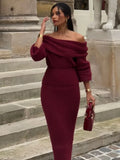 YESMYTOOL   -  Off Shoulder Long Sleeve Knitted Maxi Dress Women Solid Fashion Backless Bodycon Vestidos 2024 New Lady Party Streetwear