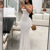 YESMYTOOL  -  Sexy Women Elegant White Maxi Dress Summer U Neck Hollow Out Spaghetti Strap Bodycon Evening Dresses 2024 Prom Cocktail