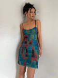 YESMYTOOL  - Pure Desire Spicy Girl Tie Dyed Double-layer Mesh Printed Slim Fitting Suspender Dress, Checkered Sexy Buttocks Wrapped Skirt