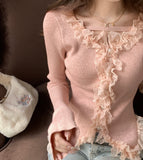 YESMYTOOL  -  Women Sweet Pink Lace Ruffles V-neck Slim Casual Cardigan Sweaters Gray Long Sleeve Knit Office Tops 2024Autumn Winter French