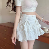 YESMYTOOL  - Fairycore Ruffle Women Mini Skirt White Lace Sweet Kawaii Short Skirts Coquette Layered Pleated Korean Fashion Skirt