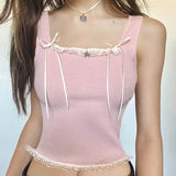 YESMYTOOL  -  Sweet Pink Skinny Summer Crop Tops Vest Lace Trim Bow Short Korean Coquette Clothes Tank Tops Sleeveless Tee Outfits