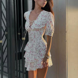 YESMYTOOL  -   Floral Printed Mini Dress 2024 Summer New Sweet Sexy V Neck Short Sleeve Tiered Short Vestidos Elegant Fashion Ruffles Dresses