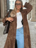 YESMYTOOL  -  Female Retro Jacket Elegant Brown Belted Waist Long Coat Double Breasted High Street Autumn Fashion Full Sleeve Outwear