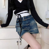 YESMYTOOL  -  Vintage Denim Short Skirt Women Sexy Y2k Floral Coquette Mini Skirts Sweet Retro Streetwear Casual A-line Jean Skirt