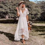 YESMYTOOL  - elegant white mesh embroidery dress women V-neck buttons up irregular long boho dress chic ladies party dress