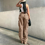 YESMYTOOL  -  Women's Straight Cargo Pants Y2k Punk 2024 Autumn Fashion Soild High Waist Loose Fit Wide Leg Trousers Vintage Jeans Streetwear