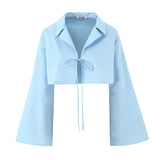 YESMYTOOL  -  Fashion Casual Skirt Suit 2024 Summer New Blue Bell Sleeve Shirt Tops with Lace-up Mini Skirt Sexy Two Piece Set Women