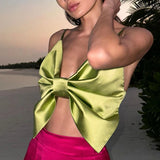 YESMYTOOL  -  Fashion Strap Twisted Satin Top Mini Summer Outfits Rave Holidays Backless Tie-Up Folds Sexy Camis Tops Women Party