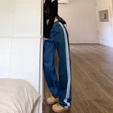 YESMYTOOL  - Blue Jeans Women Stripe Streetwear Fashion Y2K High Waist American Wide Leg Pants Denim Female Pants Autumn Straight Trousers