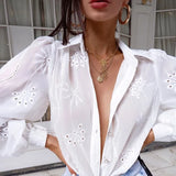 YESMYTOOL  - Sexy Translucent Casual Commute Tops Women Embroidery Hook Flower Puff Sleeve T-Shirts Solid Colors White Lace Long Sleeve Tees