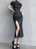 YESMYTOOL  -  Woman Elegant Black Long Sleeve Bandage Sexy Dress Gothic Ladies Cheongsam Chinese Tight Long Dress Y2k Club Party Split dresses