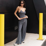 YESMYTOOL  -  Fashion Street Drawstring Trousers Two Piece Set Sexy Low Chest V Neck Suspended Tank Top Loose Wide Leg Pants Suit