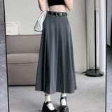 YESMYTOOL  -   Grey Long Pleated Skirt Women Autumn 2024 Casual Vintage High Waist A-line Midi School Skirt for Girls Korean Style