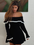 YESMYTOOL  -  Women Off-Shoulder Lace Knitted Dress Long Sleeve Bodycon Sexy Mide Dresses Ribbed Elegant Casual Club Partywear 2024 Autumn New