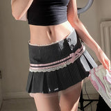 YESMYTOOL  -  y2k Stripe Howsweet Mini Skirt Women Vintage Aesthetic Lace Trim Bow Pleated Skirt 2000s Coquette Clothes Kawaii Chic