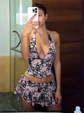 YESMYTOOL  -  Floral Halter Tank Top A-Line Ruffles Mini Skirt Set Women Open Back Vest Short Skirt Slim Y2K Outfit Hottie Streetwear